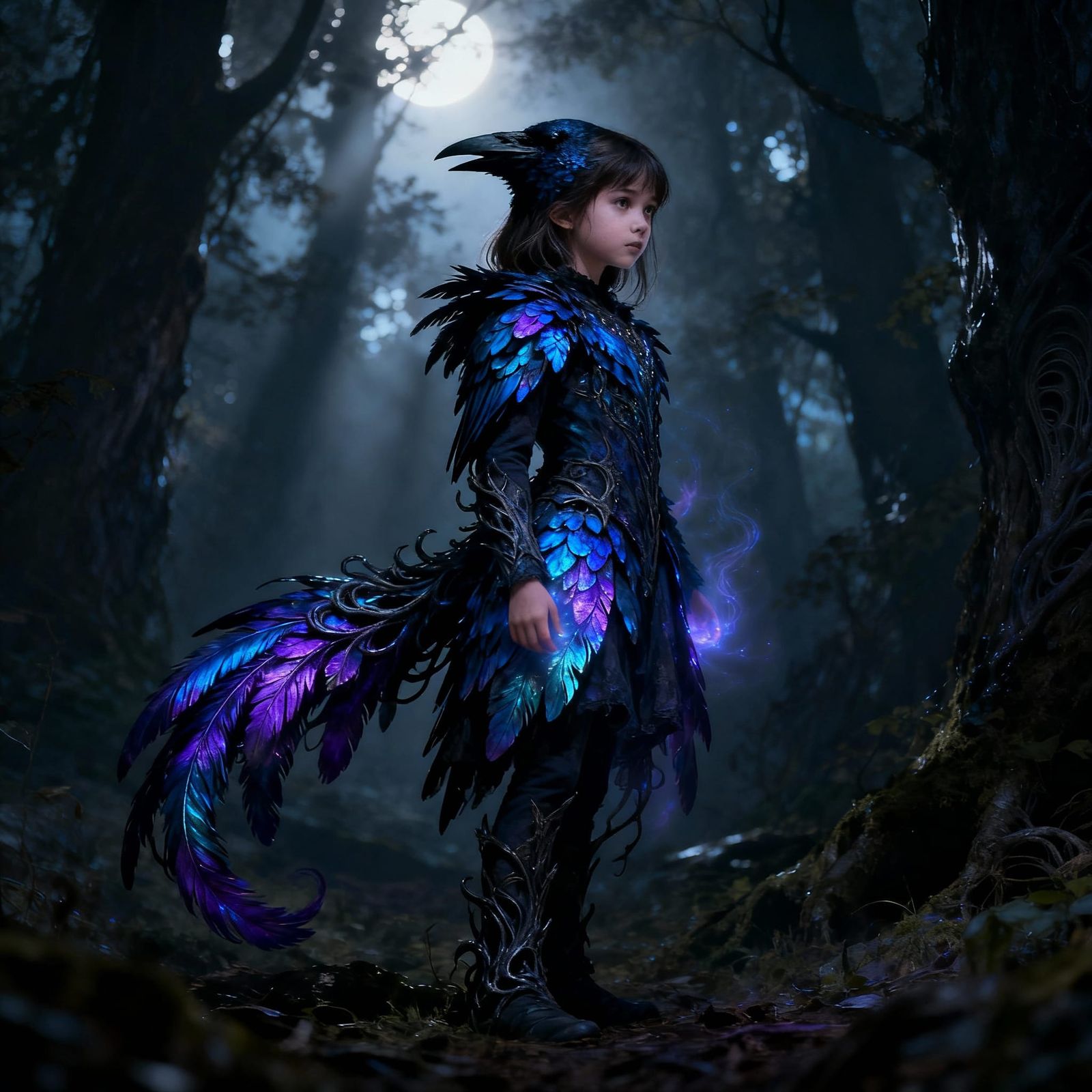 Girl in Iridescent Crow Costume in Moonlit Forest