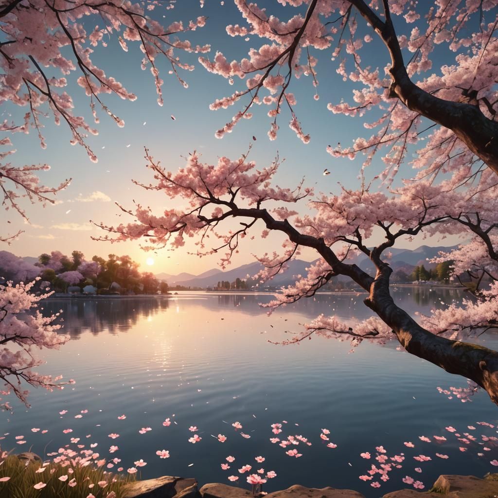 Serene Sunset: Cherry Blossom Tree in Epic Landscape