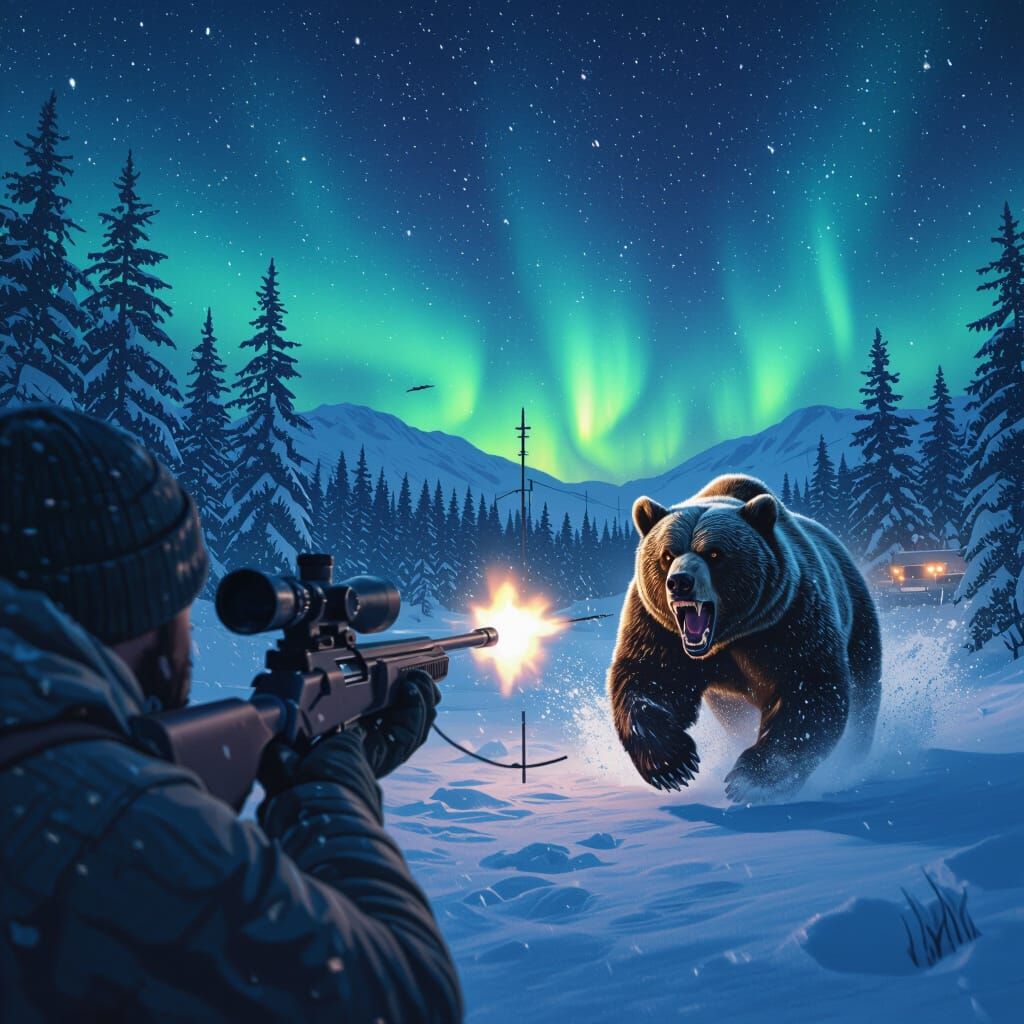Hunter's Scope View of Raging Bear Under Aurora