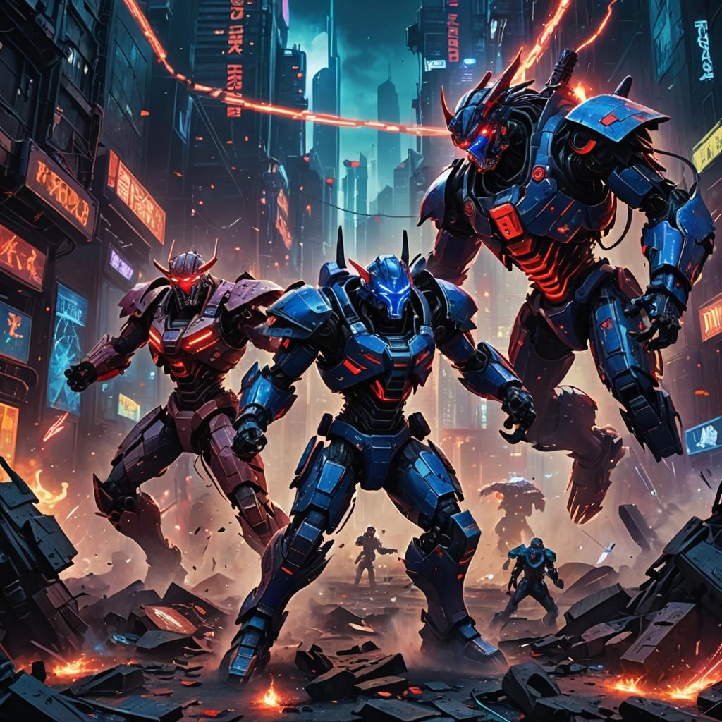 Androids Clash in Cyberpunk Arena with Neon Lights