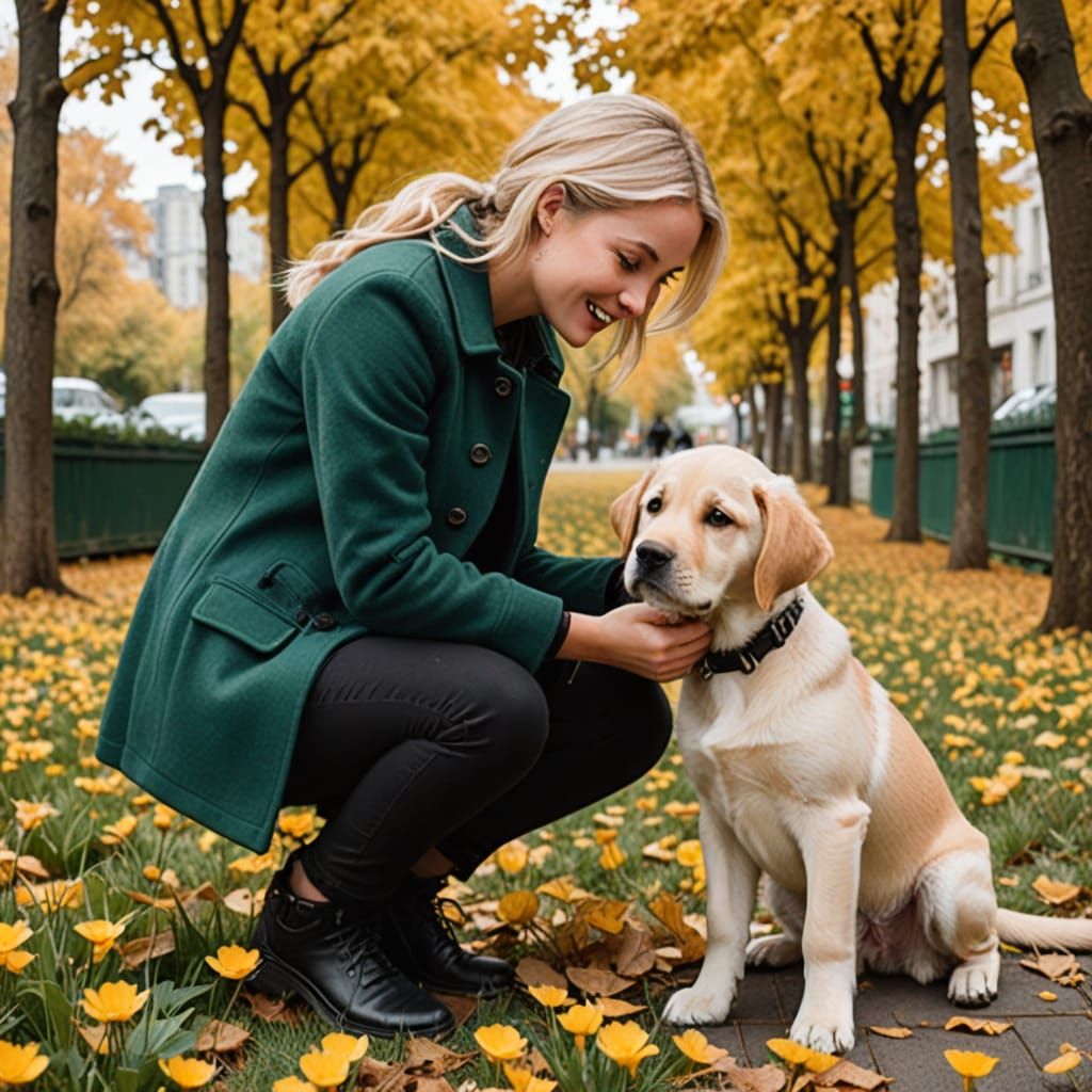 Blond Girl Plays with Adorable Mixed-Breed Lab Puppy