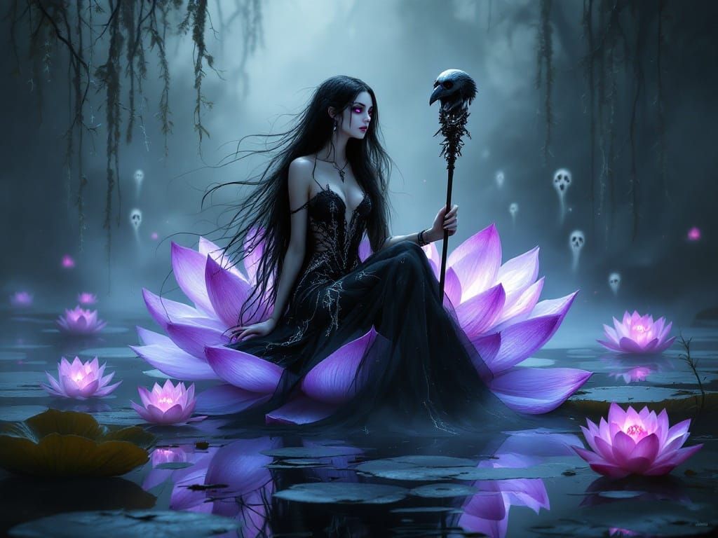 Gothic Fairy on Lotus Flower in Alphonse Mucha Style