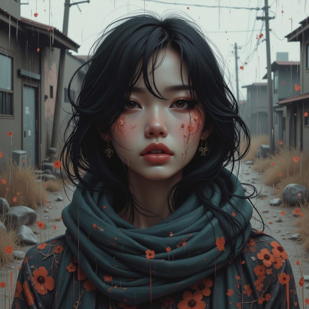Sad Asian Girl in Dystopian Town Portrait