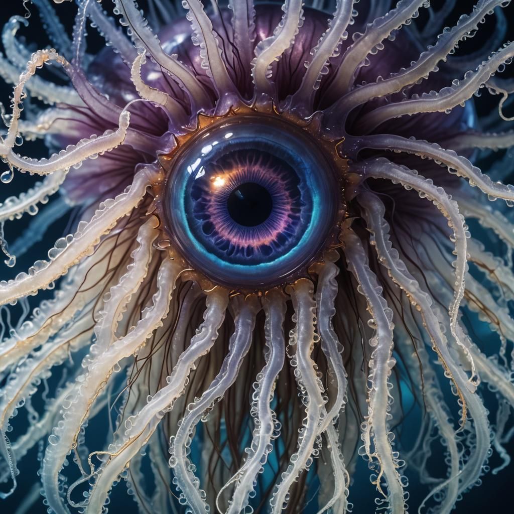 Bioluminescent Eyeball with Jellyfish Tentacles in Surreal S...