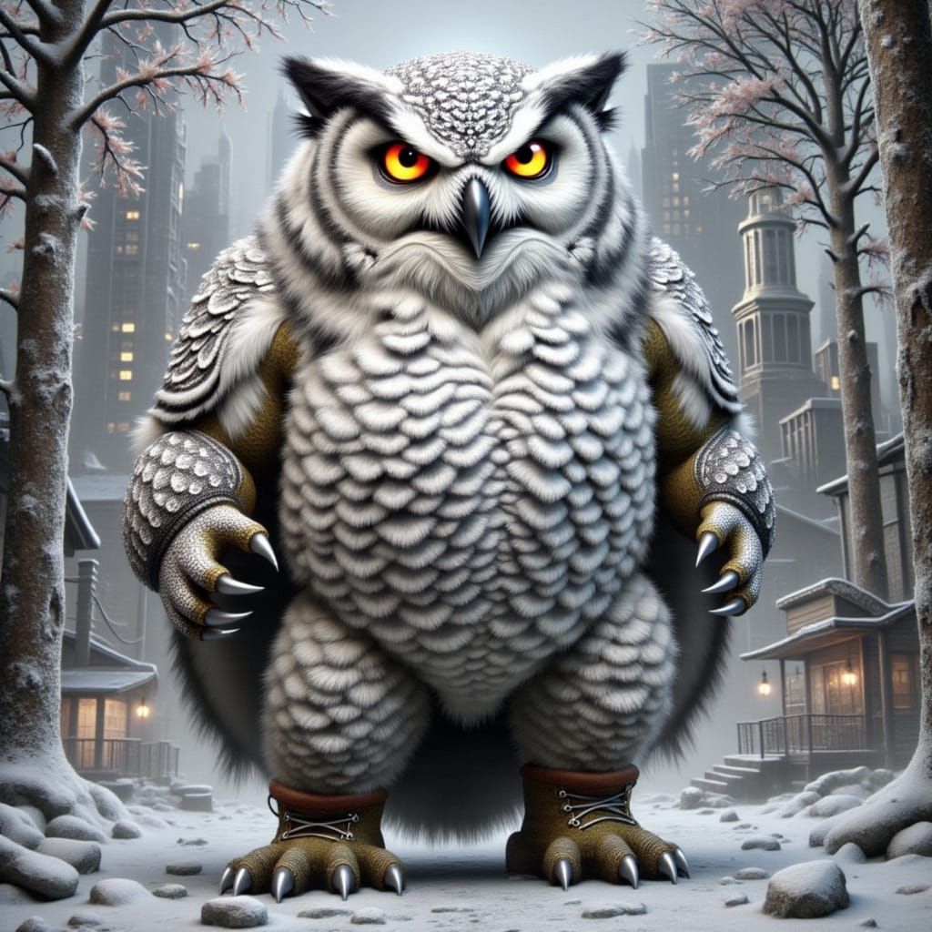 Cyberpunk Snow Owlbear with Intimidating Gaze