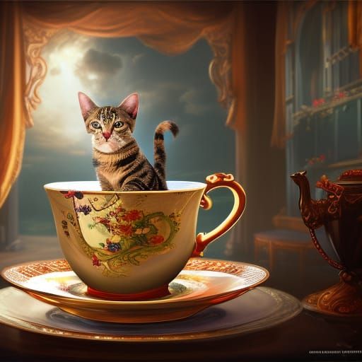 Cat in Teacup: Detailed Matte Painting