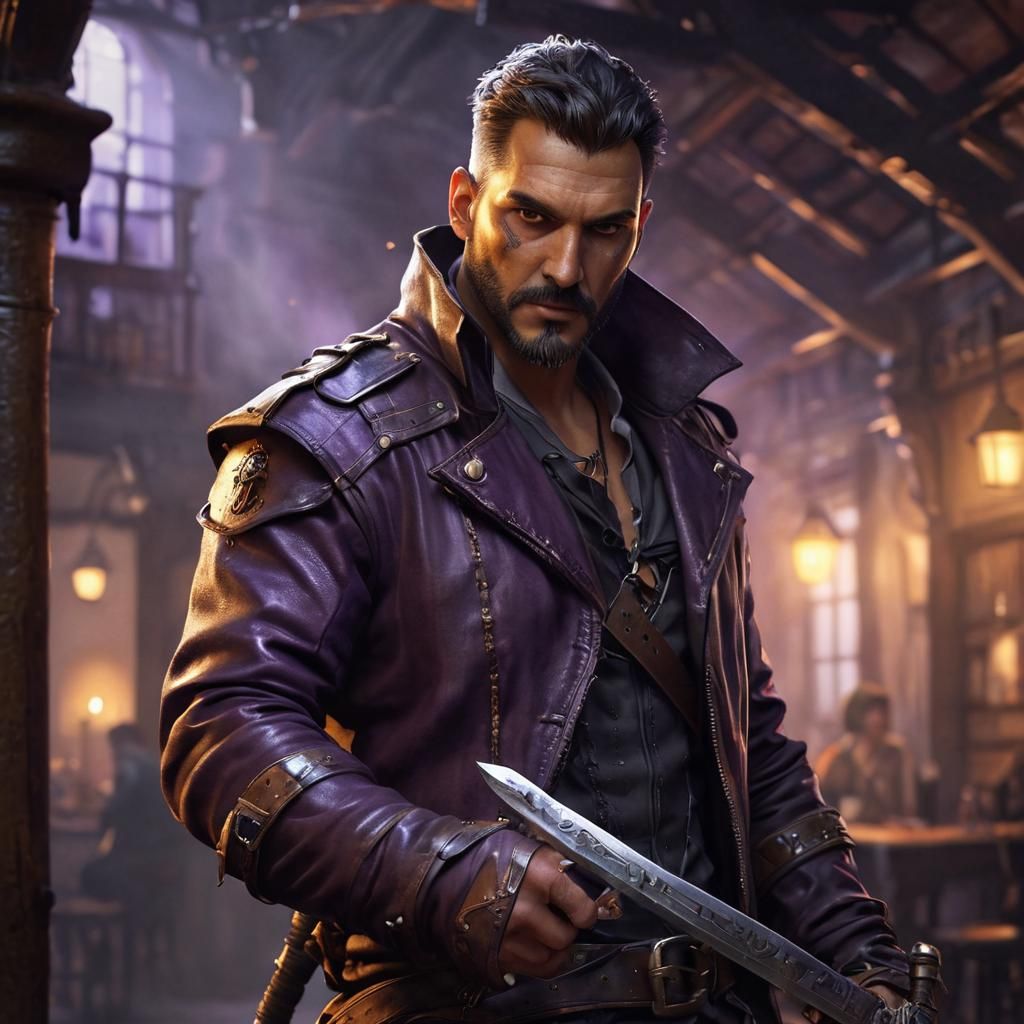 Futuristic Pirate in Smoky Tavern, Dark Fantasy Art