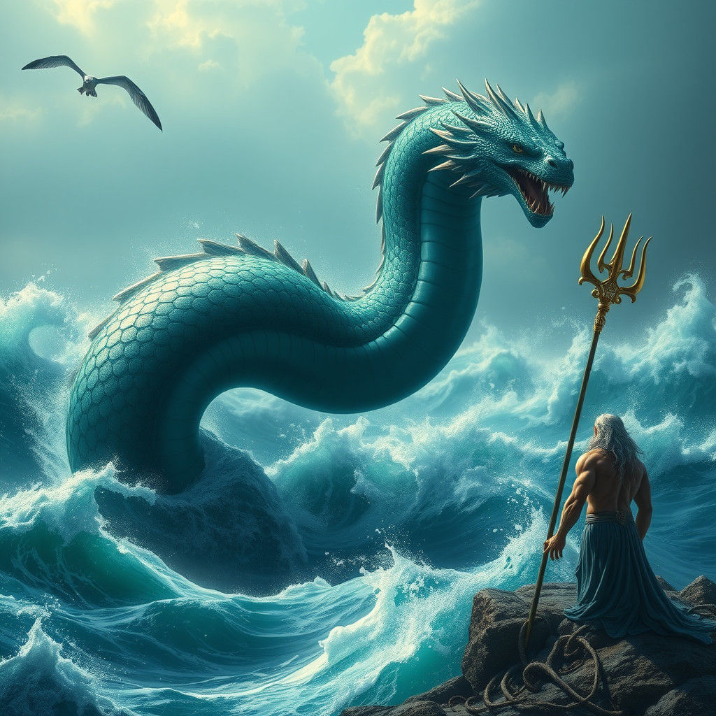 Poseidon Summons Sea Serpent from Turbulent Ocean