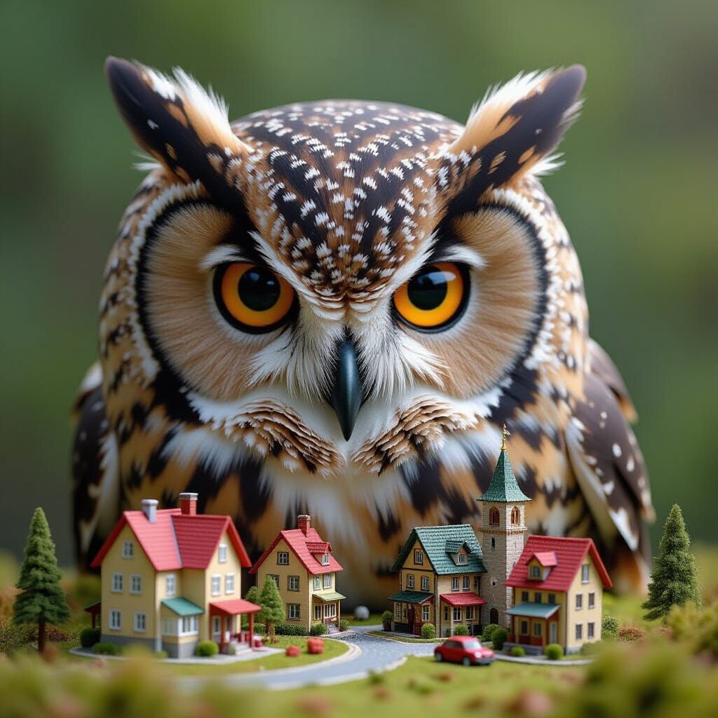 Giant Owl Inspects Miniature Village