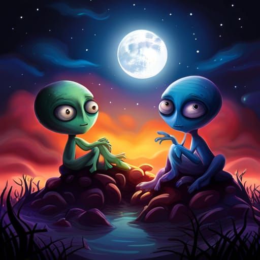 Cute Aliens Chatting Under Moonlight, Whimsical Illustration