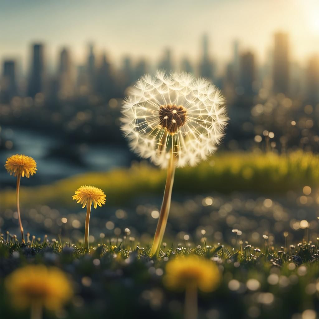 Miniature City on Dandelion Seed Drifting in Breeze