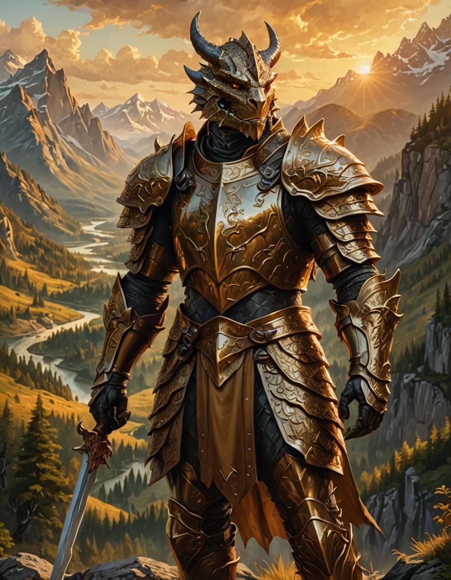 Heroic Dragonborn Knight in High Fantasy Landscape