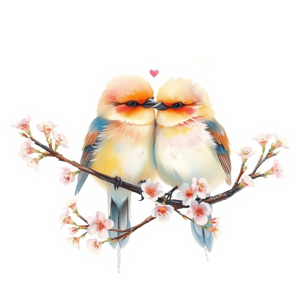Lovebirds on Flowering Branch in Impressionist Watercolor