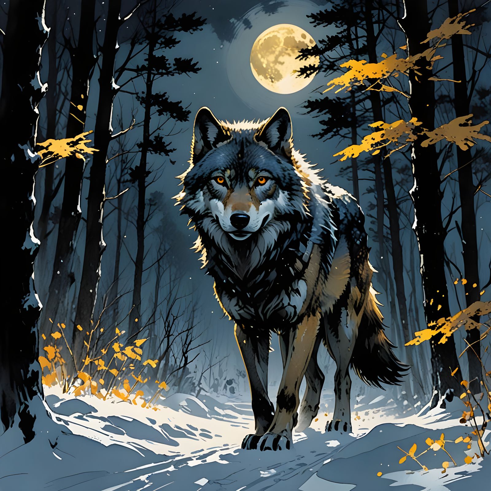 Majestic Wolf Prowls Under Moonlight in a Snowy Forest