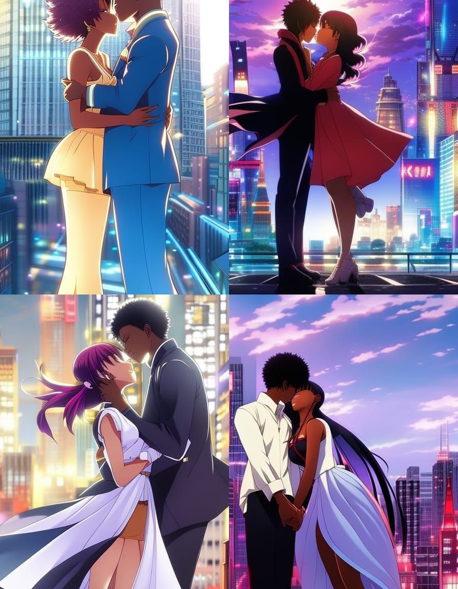 Afrocentric Couple Kissing in 90s Anime Style