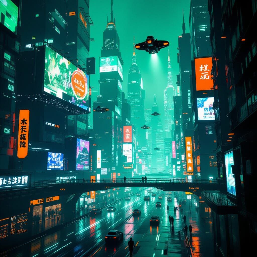 Futuristic Cityscape in Neon Lights, Cyberpunk Style