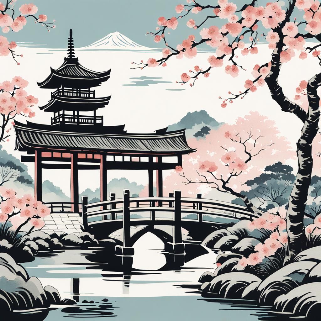 Serene Japanese Garden in Ukiyo-e Style