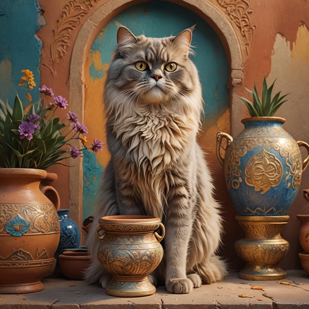 Persian Cat with Clay Pot: Photorealistic Matte Painting
