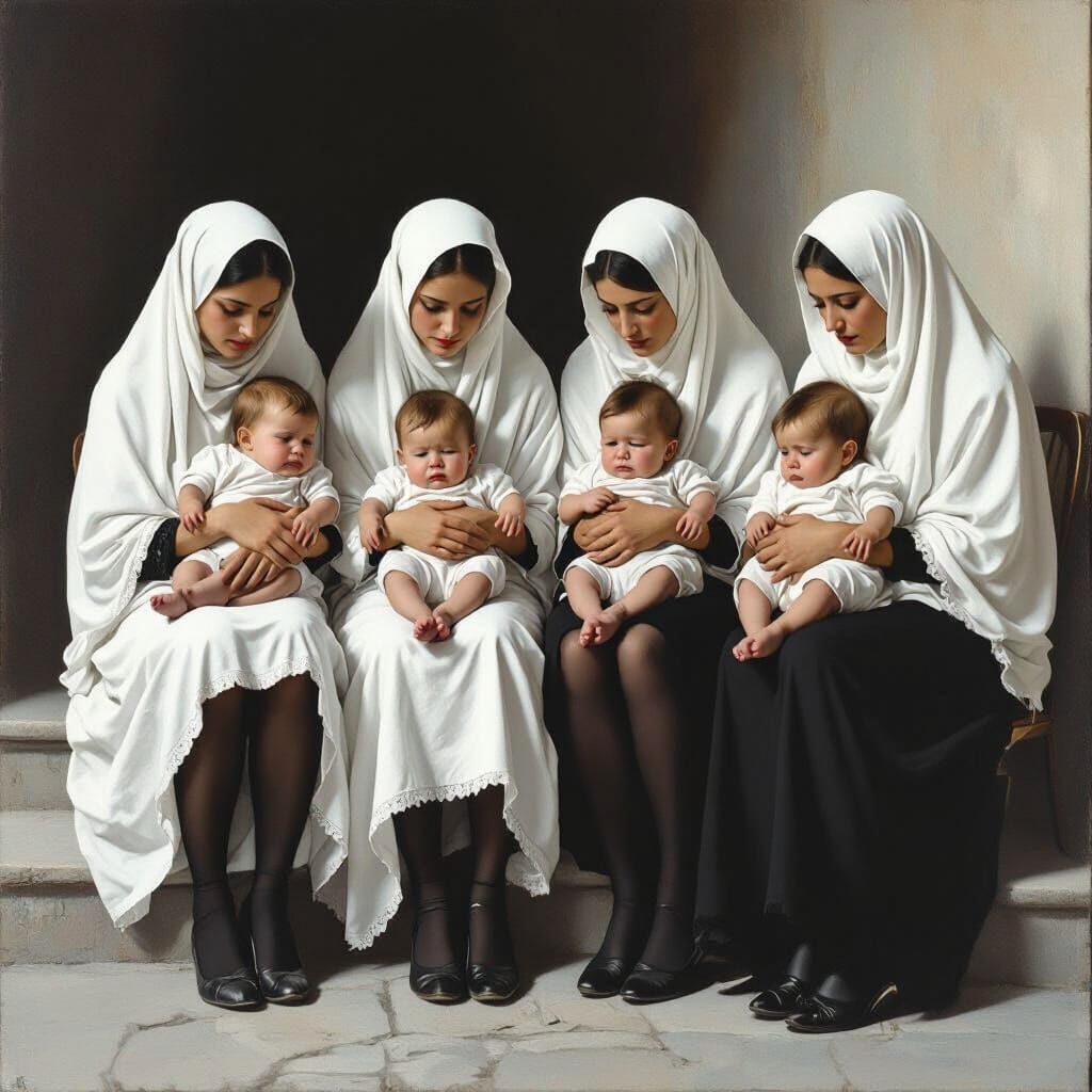 Mothers Comfort Crying Children in Somber Chador Scene