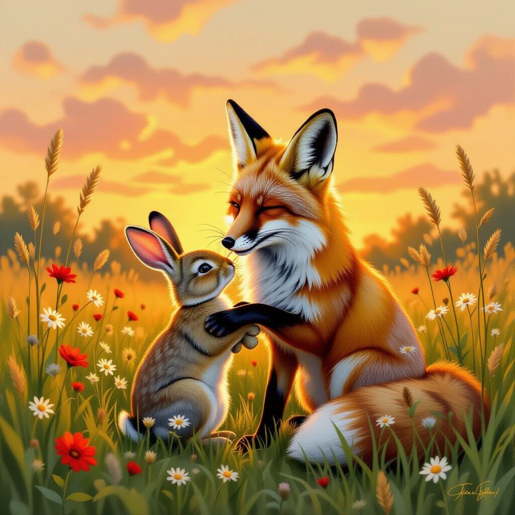 Compassionate Fox Tends Injured Bunny at Sundown