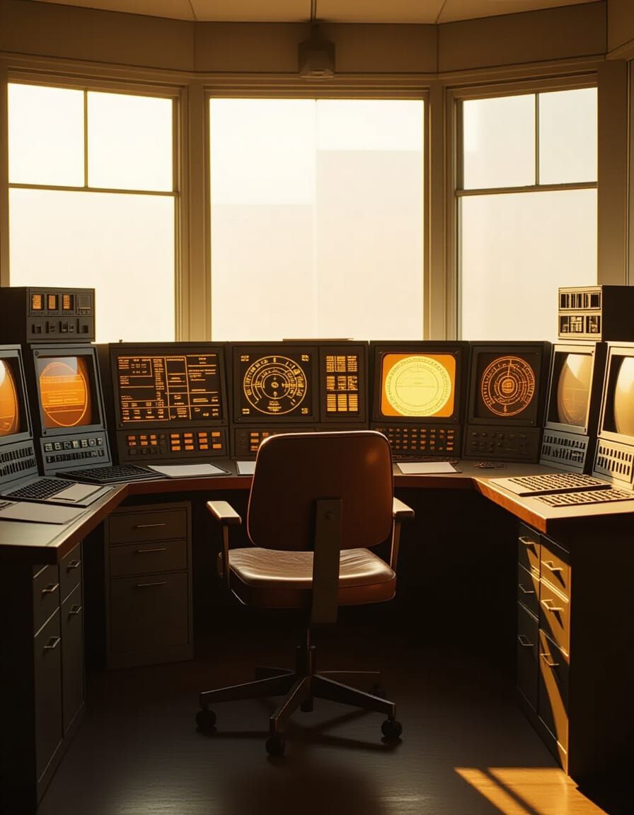 Vintage Operator Room with Glowing Monitors