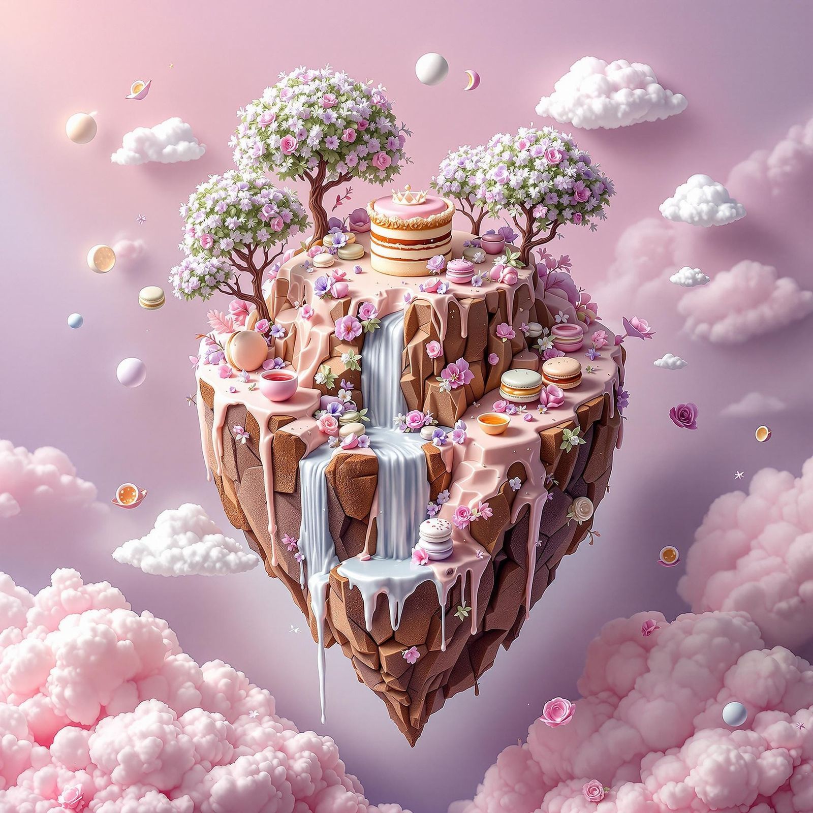 A surreal floating dessert island suspended in a pastel dreamscape.