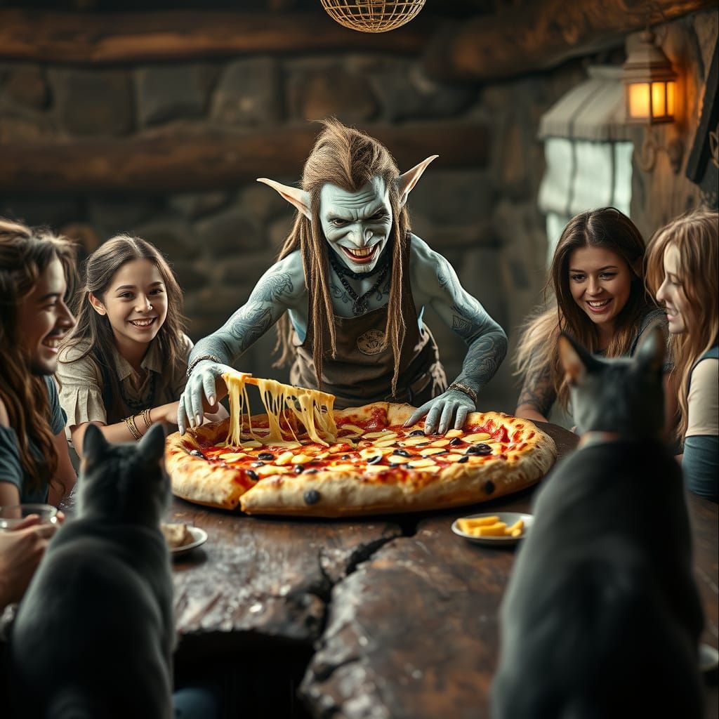 Hyperrealistic Goblin Serves Pizza to DND Characters