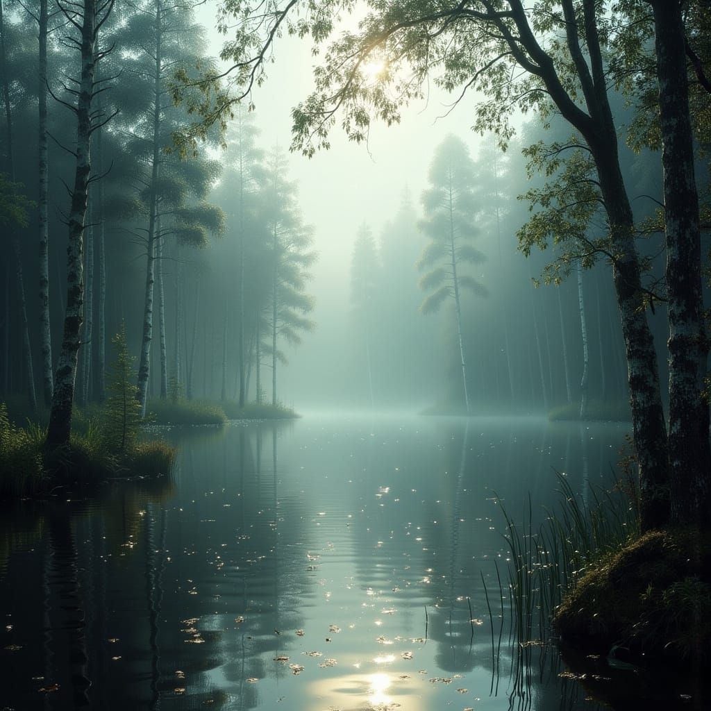 Misty Forested Wetland Morning Cinematic Film Still