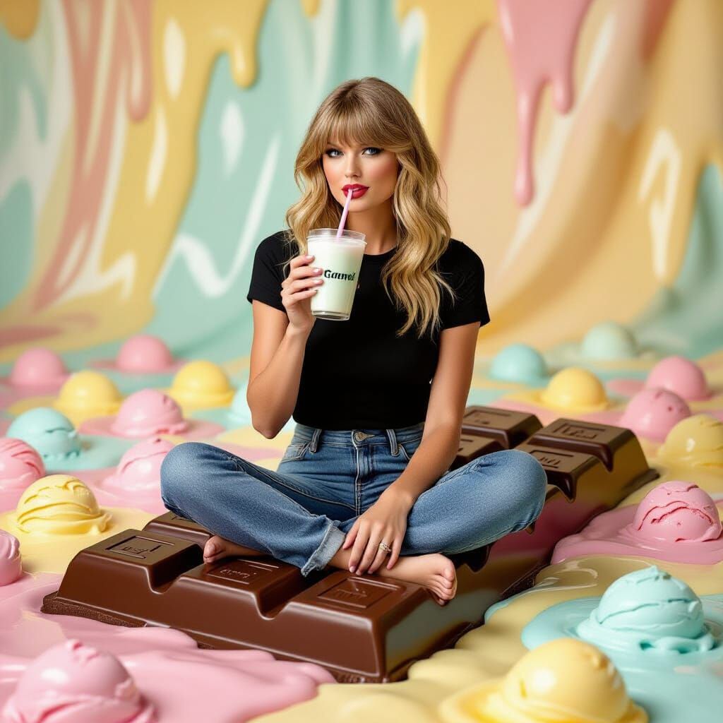 Taylor Swift Sipping Ice Cream River: Hyperrealistic Photo