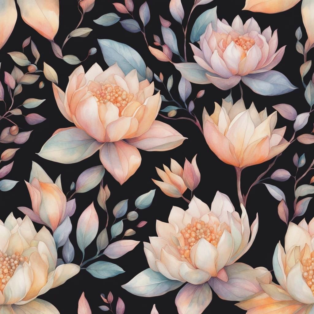 Exotic Flowers in Iridescent Pearls Watercolor Style