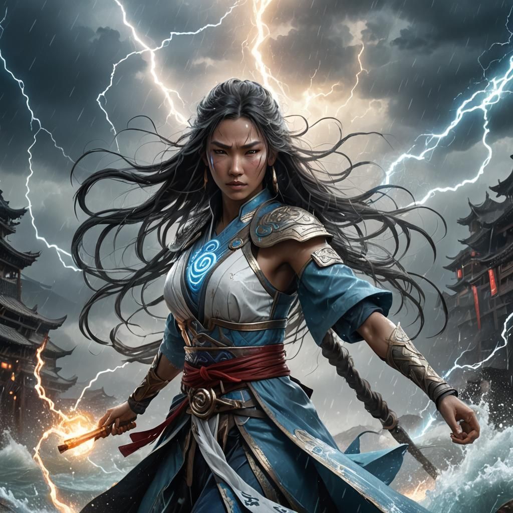 Lady of the Water Tribe, incandescent stormy rain, lightning and rain.