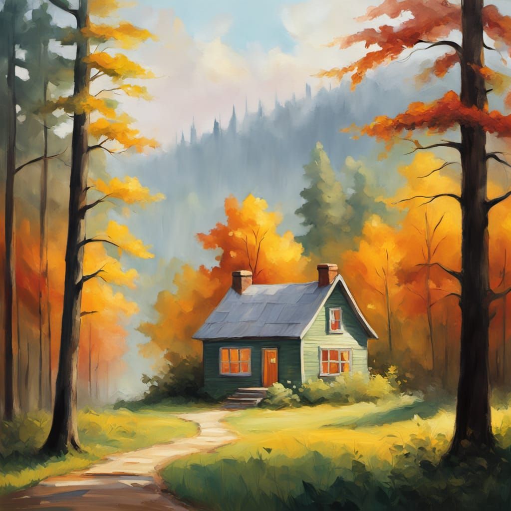 Impressionist Sunrise Over Forest House