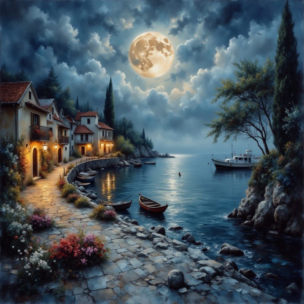 Matte Oil Painting of Croatian Coastal Town at Midnight