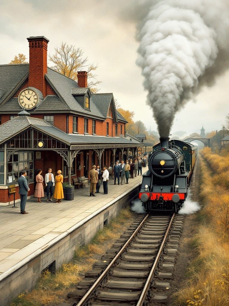 Vintage-Style Train Station Scene with Steam Locomotive