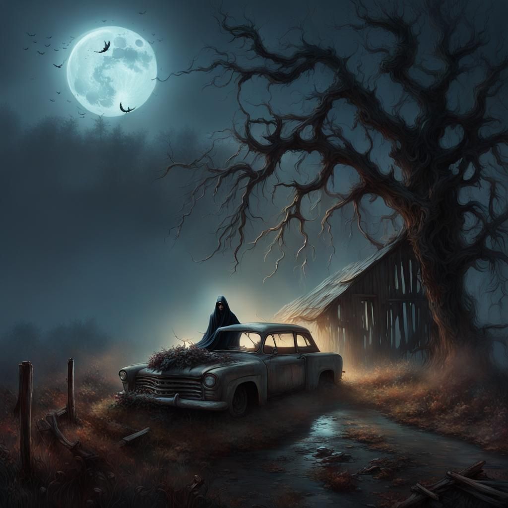 Creepy Grim Reaper in Moonlight, Hyperdetailed Oil Painting