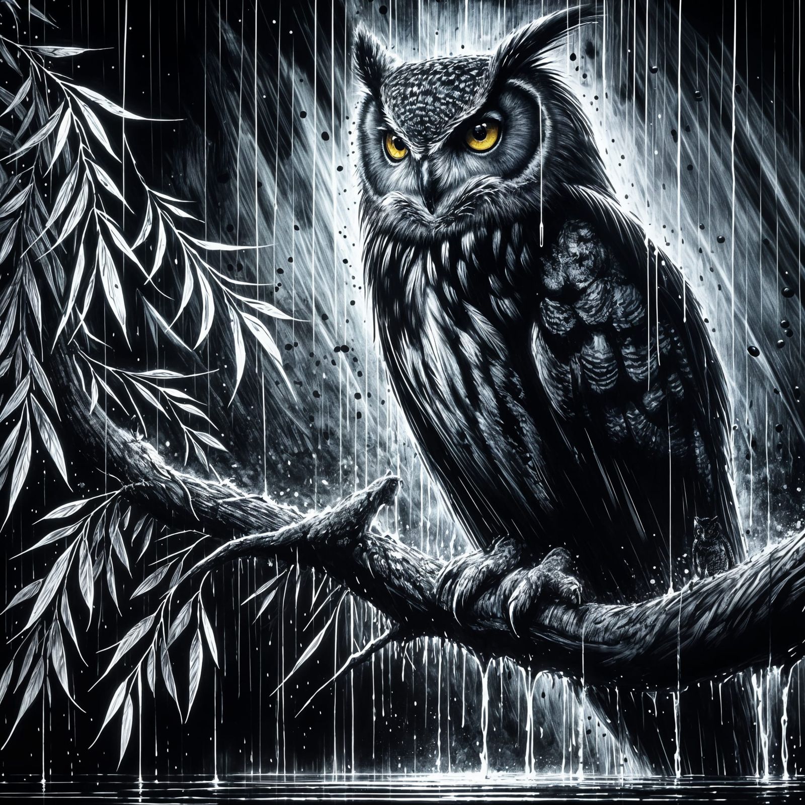 Majestic Owl in Rain with Golden Eyes as Ink Painting