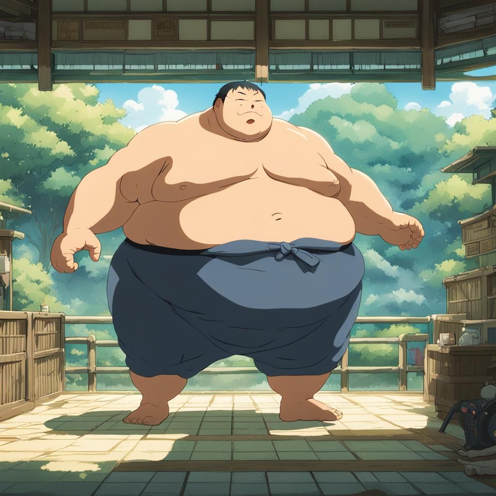Sumo Wrestler Belly Inflation in Ghibli Anime Style
