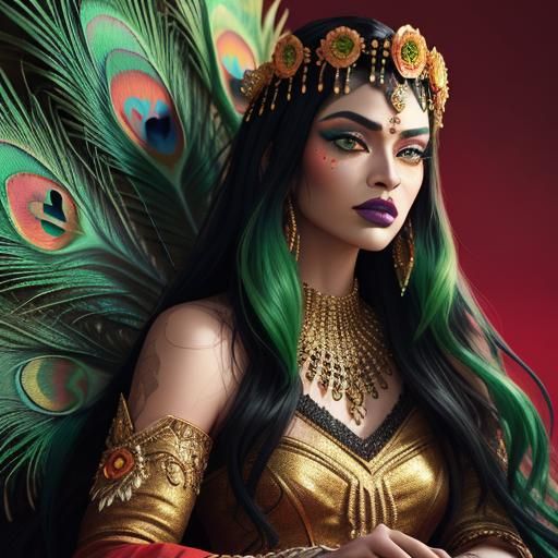 Golden Woman with Peacock Feathers, Hyperrealistic Art