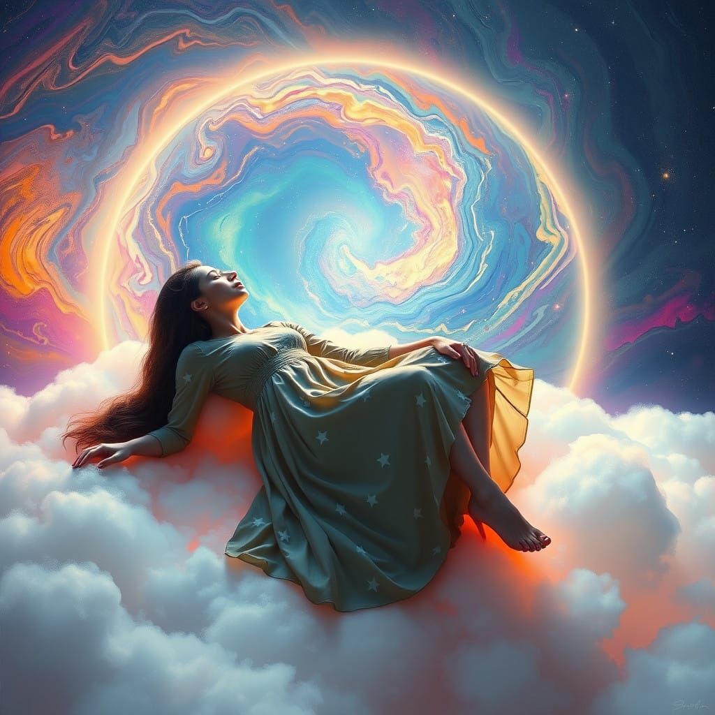 Ethereal Woman Lost in Cosmic Dreamscape