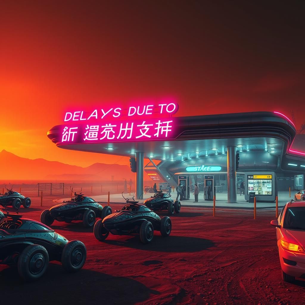 Alien Gas Station in Dystopian Sci-Fi Cityscape