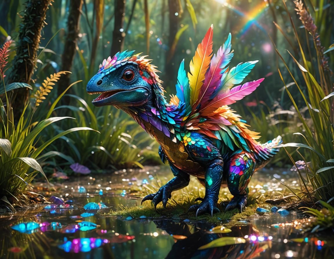 Dinosaur Bird Running in Crystal Forest, Digital Art