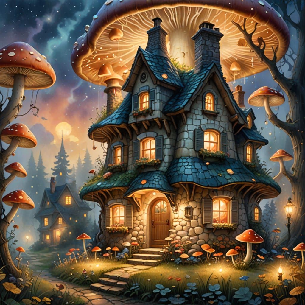 Mushroom House Fantasy in Watercolor Style