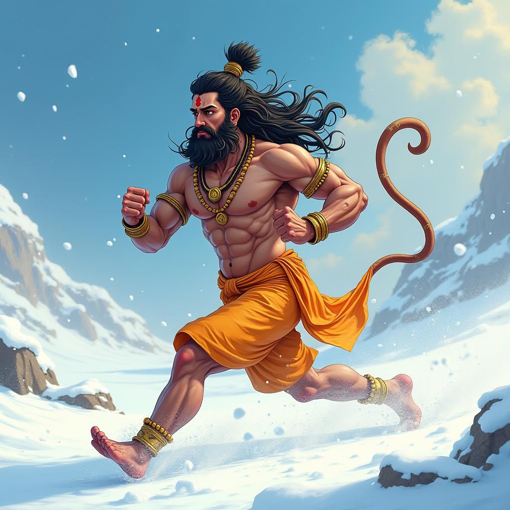 Hanuman Running in Snow, Anime Key Visuals Style