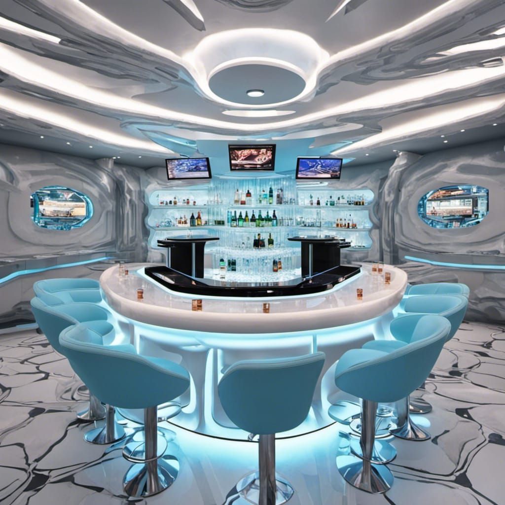 Futuristic Bar in Spaceship Casino: White and Ice Blue