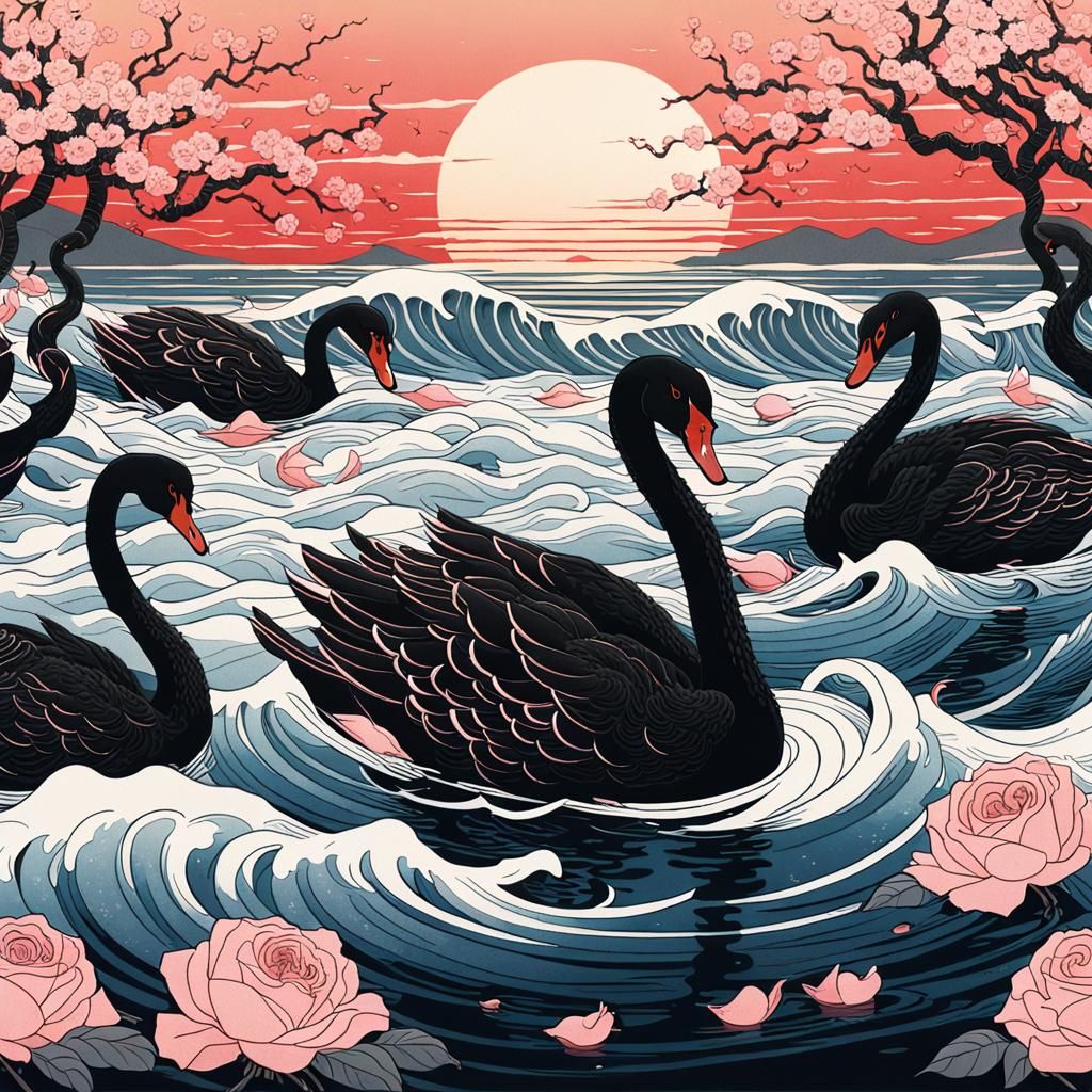 Black Swans and Roses in Ukiyo-e Style