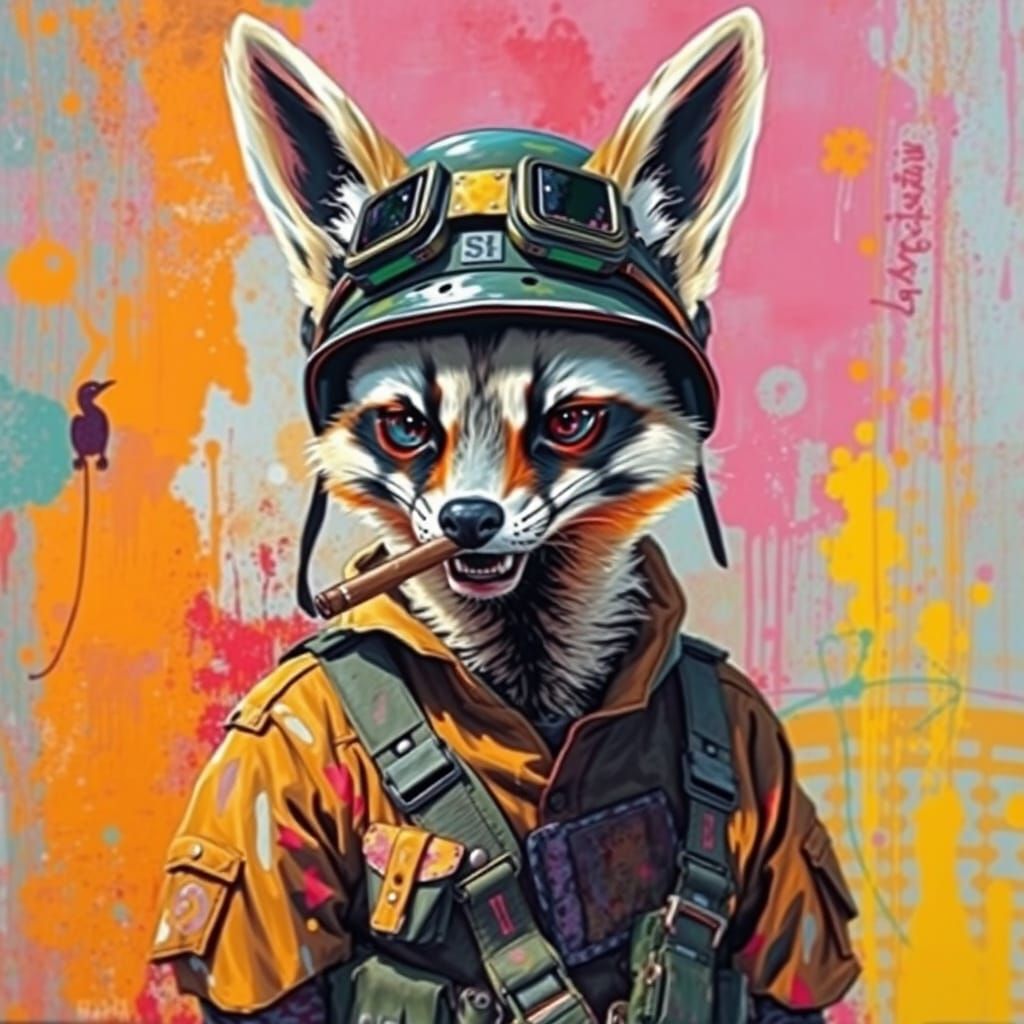 Fennec Fox Soldier in Impasto Street Art Style