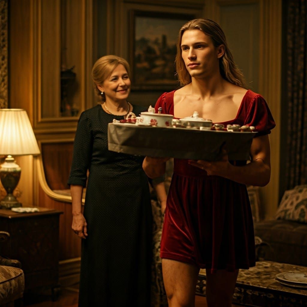Masculine Man in Elegant Velvet Dress, Carrying Fine China