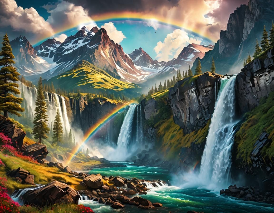 Majestic Waterfall Rainbow in Hyperrealistic Mountain Landsc...