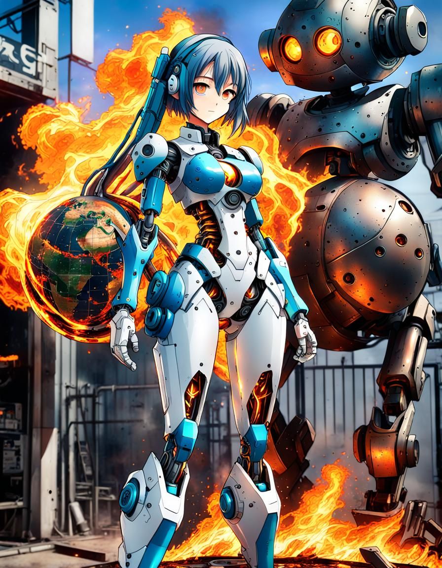 Anime Android Girl on Burning Earth Sculpture