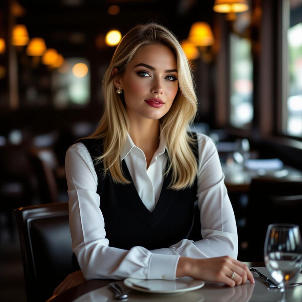 Elegant Woman in White Blouse and Black Vest at Restaurant